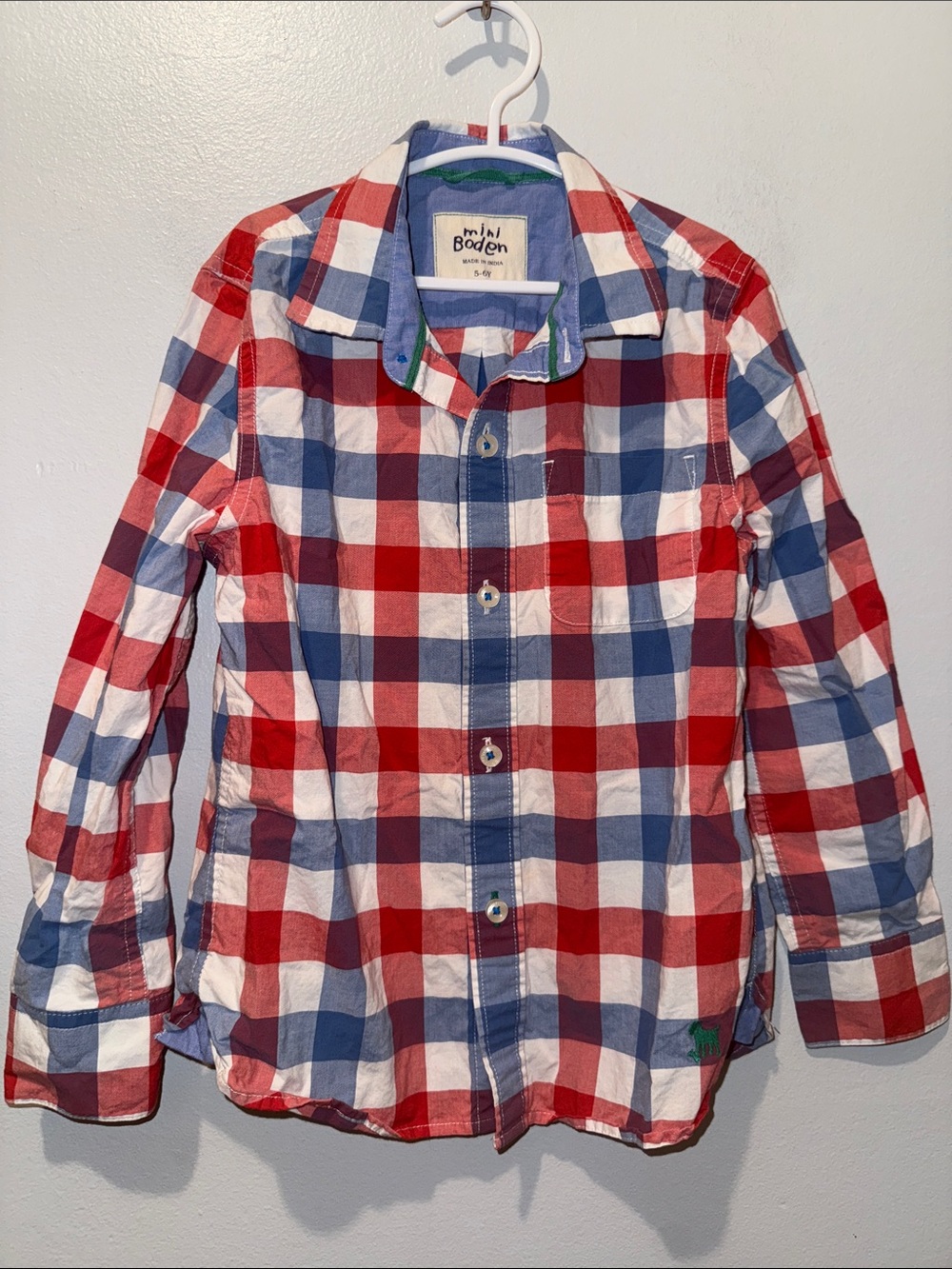 Mini Boden 5 - 6 Years Fourth of July Red Blue White Plaid Button-Down Shirt